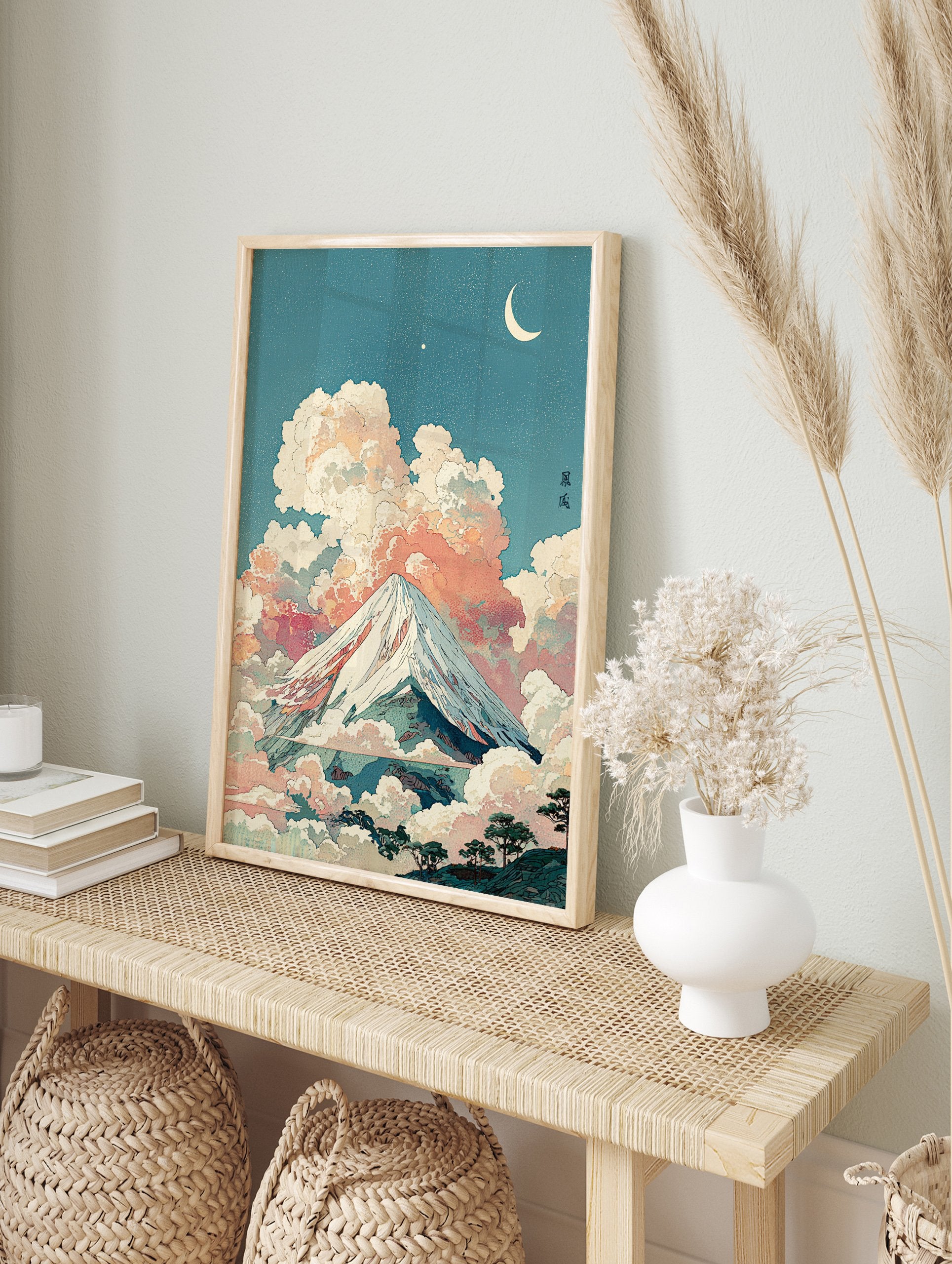 Japanese Mount Fuji landscape art print with pastel pink clouds, a crescent moon, and stars in a traditional Ukiyo-e style. - Image 3