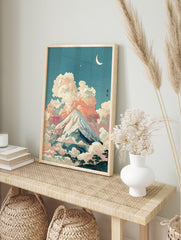 Japanese Mount Fuji landscape art print with pastel pink clouds, a crescent moon, and stars in a traditional Ukiyo-e style. - Image 3