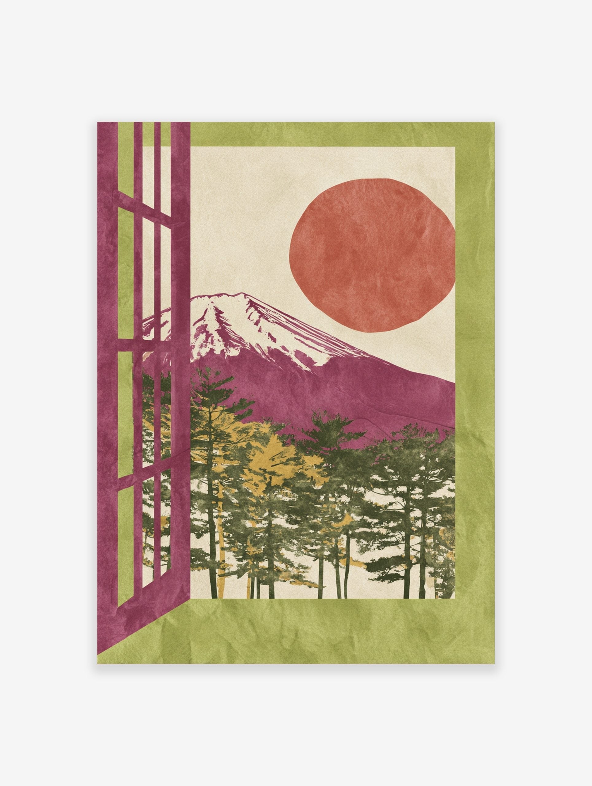 Illustrative Mount Fuji art print with magenta mountain, red sun, pine trees, and green border through a window