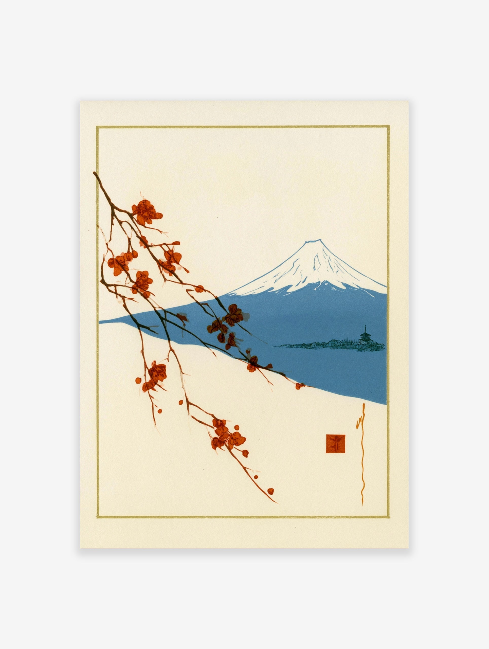 Japanese-style print of a flowering branch, Mount Fuji, and a pagoda on a cream background