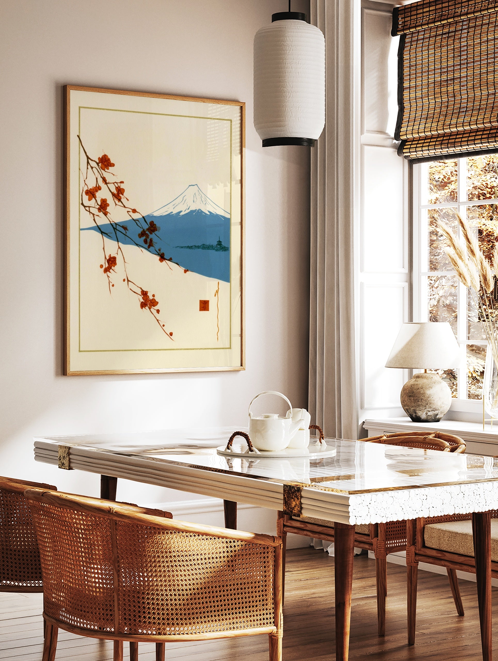 Japanese-style print of a flowering branch, Mount Fuji, and a pagoda on a cream background, in a styled room mockup