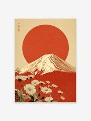 Japanese Mount Fuji art print with large red sun, white daisy flowers, and kanji text on beige background
