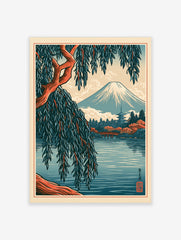 Japanese Mount Fuji landscape art print with a foreground willow tree, red bridge, and pagoda in a woodblock illustration