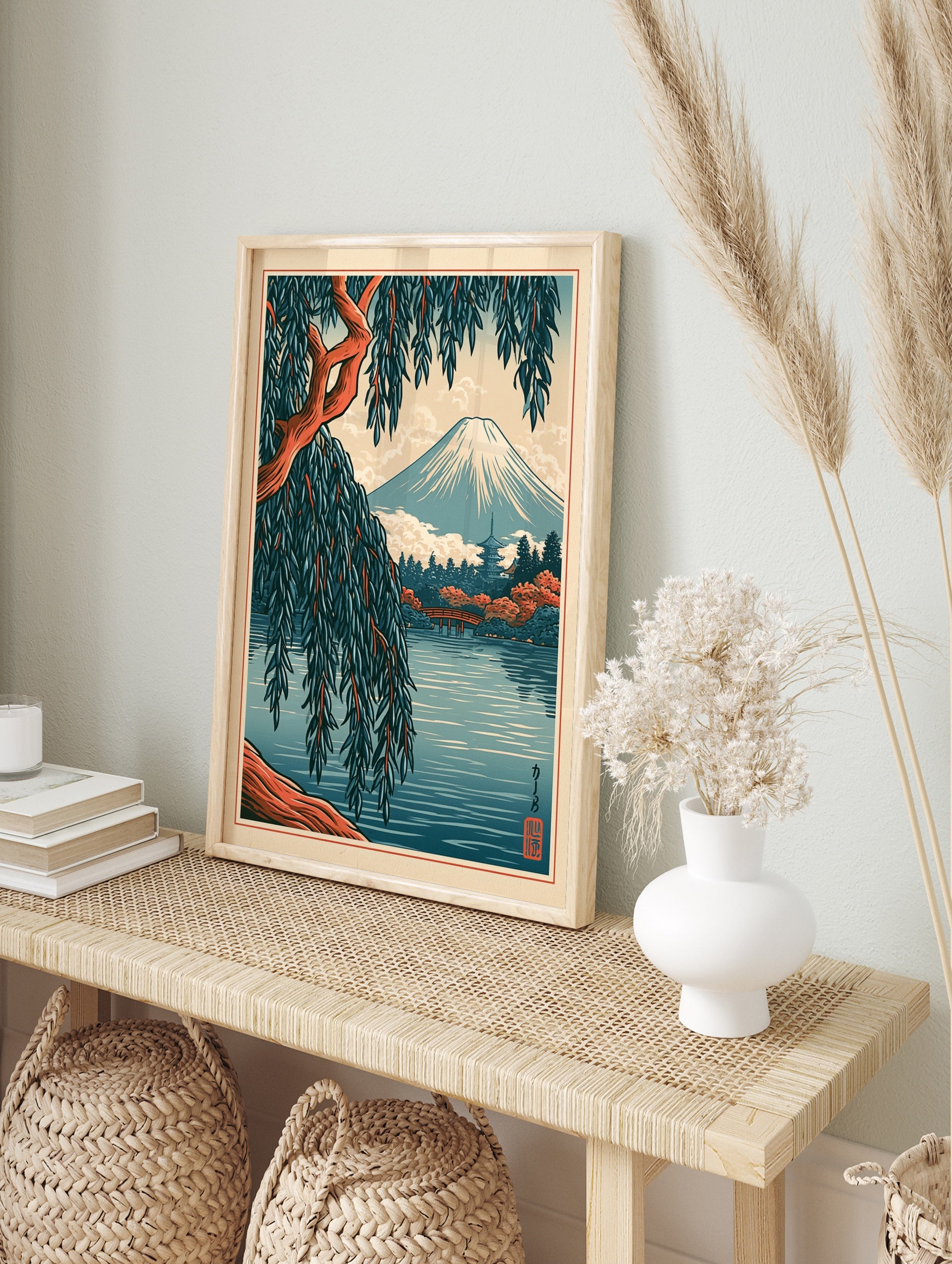 Japanese Mount Fuji landscape art print with a foreground willow tree, red bridge, and pagoda, in an alternate framed mockup