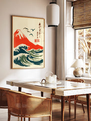 Japanese woodblock style art print of red Mount Fuji, dark blue and green ocean waves, and flying, in a styled room mockup