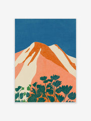 Stylised mountain landscape art print with orange peaks, white snow, blue sky, and teal flowers
