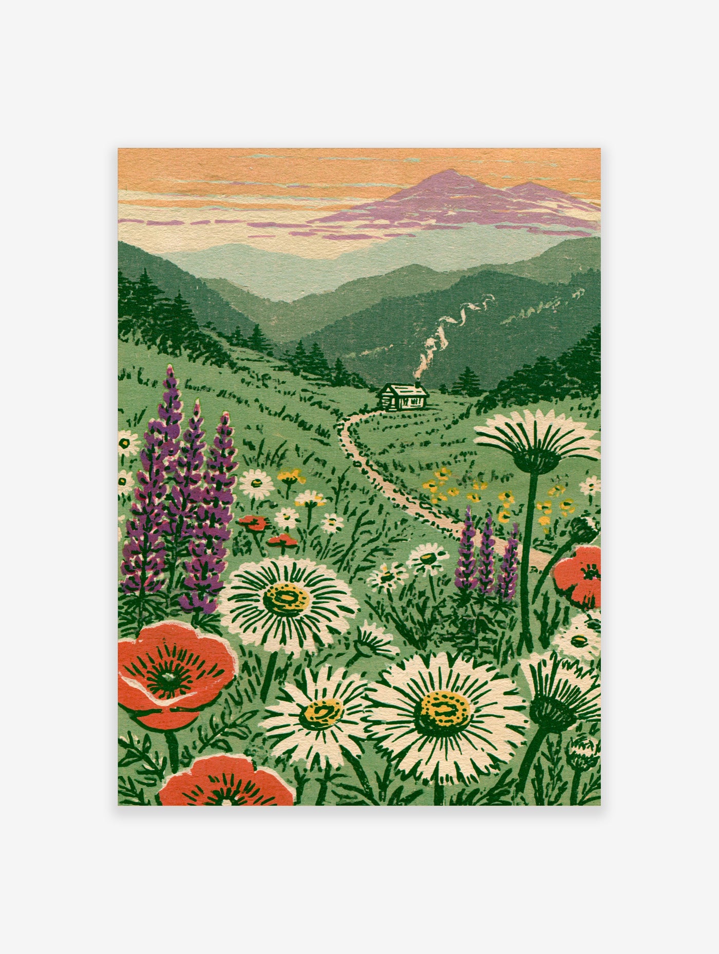 Mountain cabin landscape print with wildflower meadow of daisies, poppies, and lupines, and winding path
