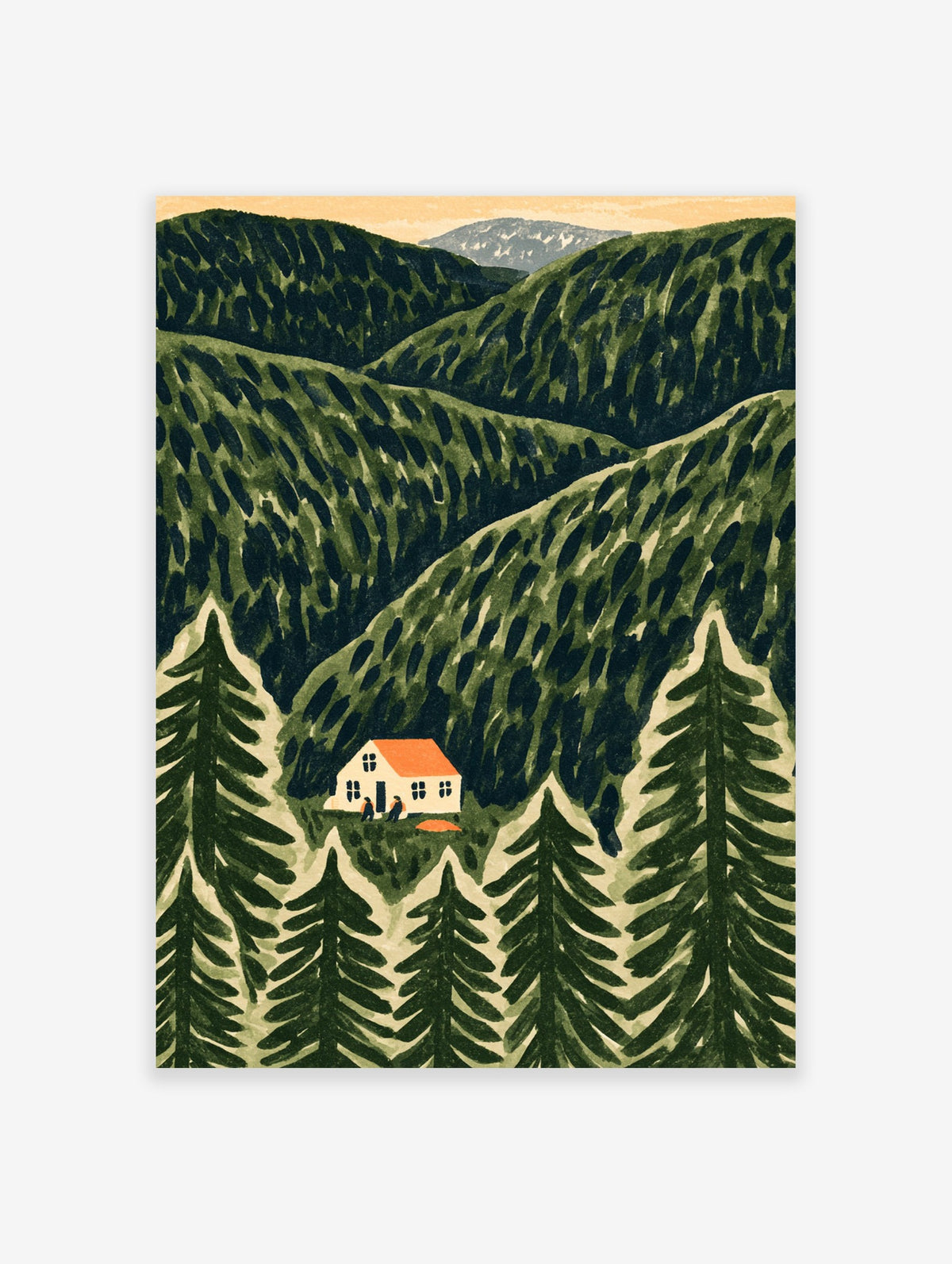 Mountain cabin illustration nestled in a dense pine forest with a soft sky, printed as an unframed paper art print