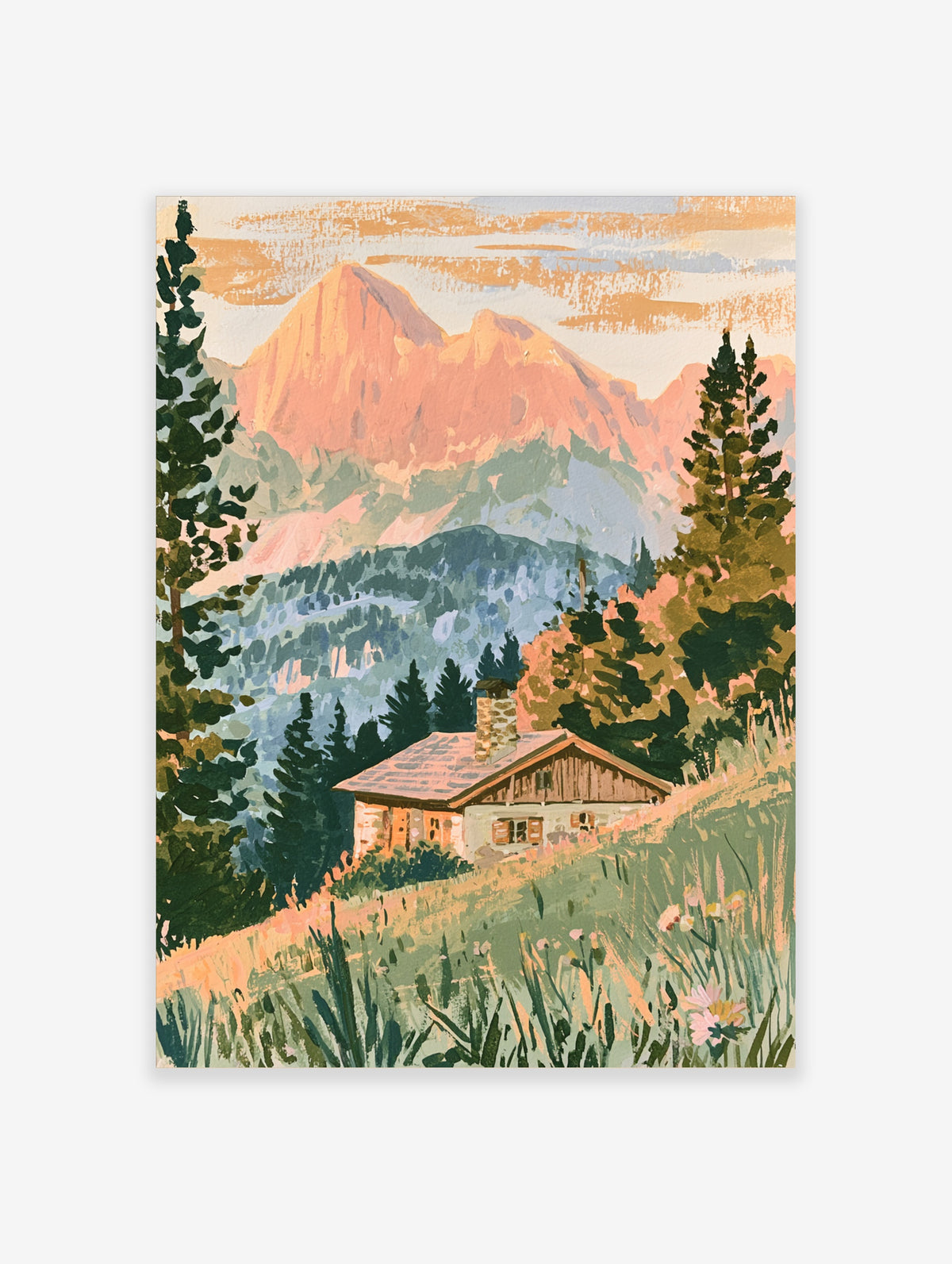 Mountain cabin poster print with a wooden house, pine trees, and a pink and orange mountain range