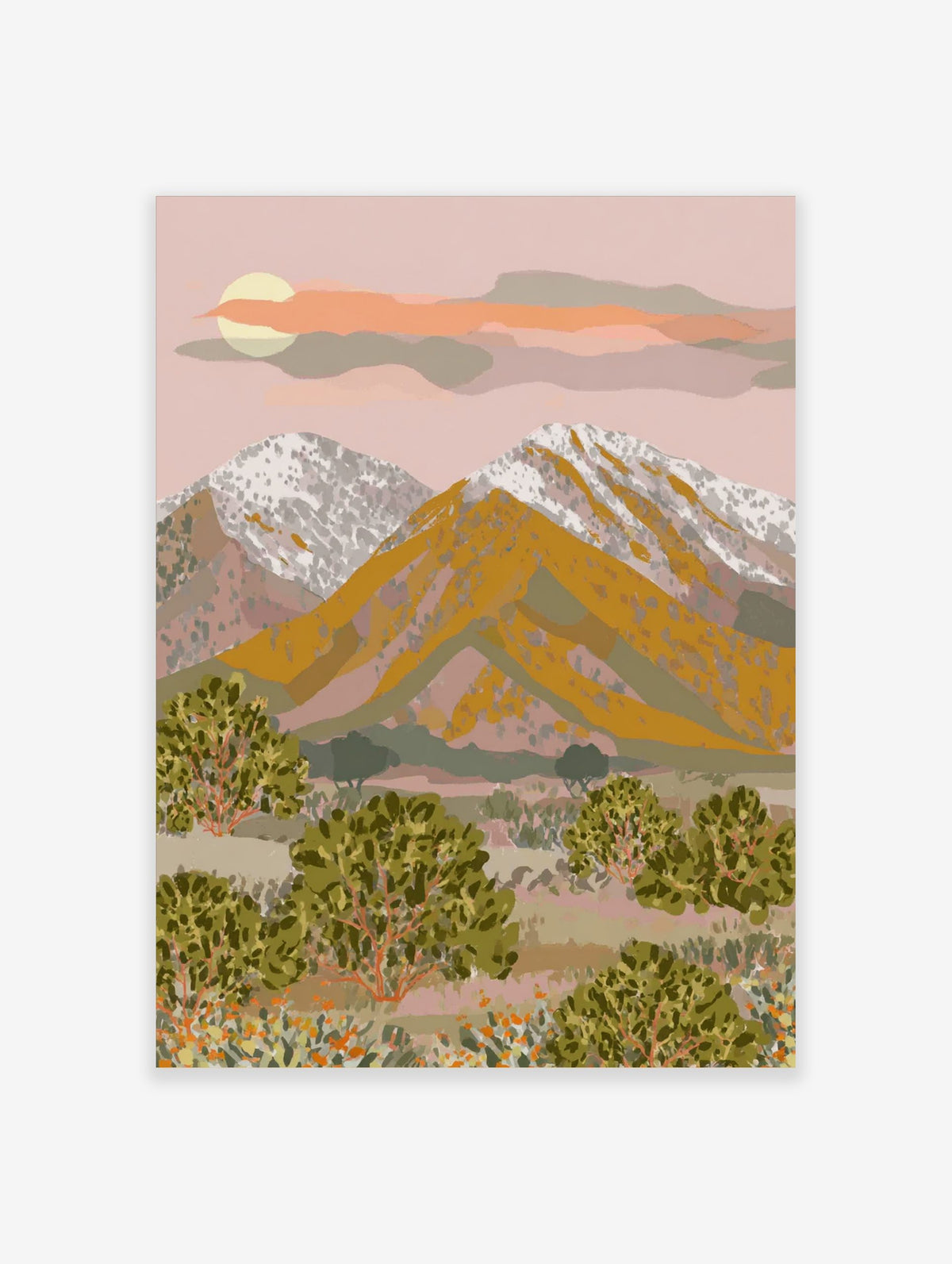 Illustrative mountain desert landscape art print with golden peaks, snow, green bushes, and sunset sky