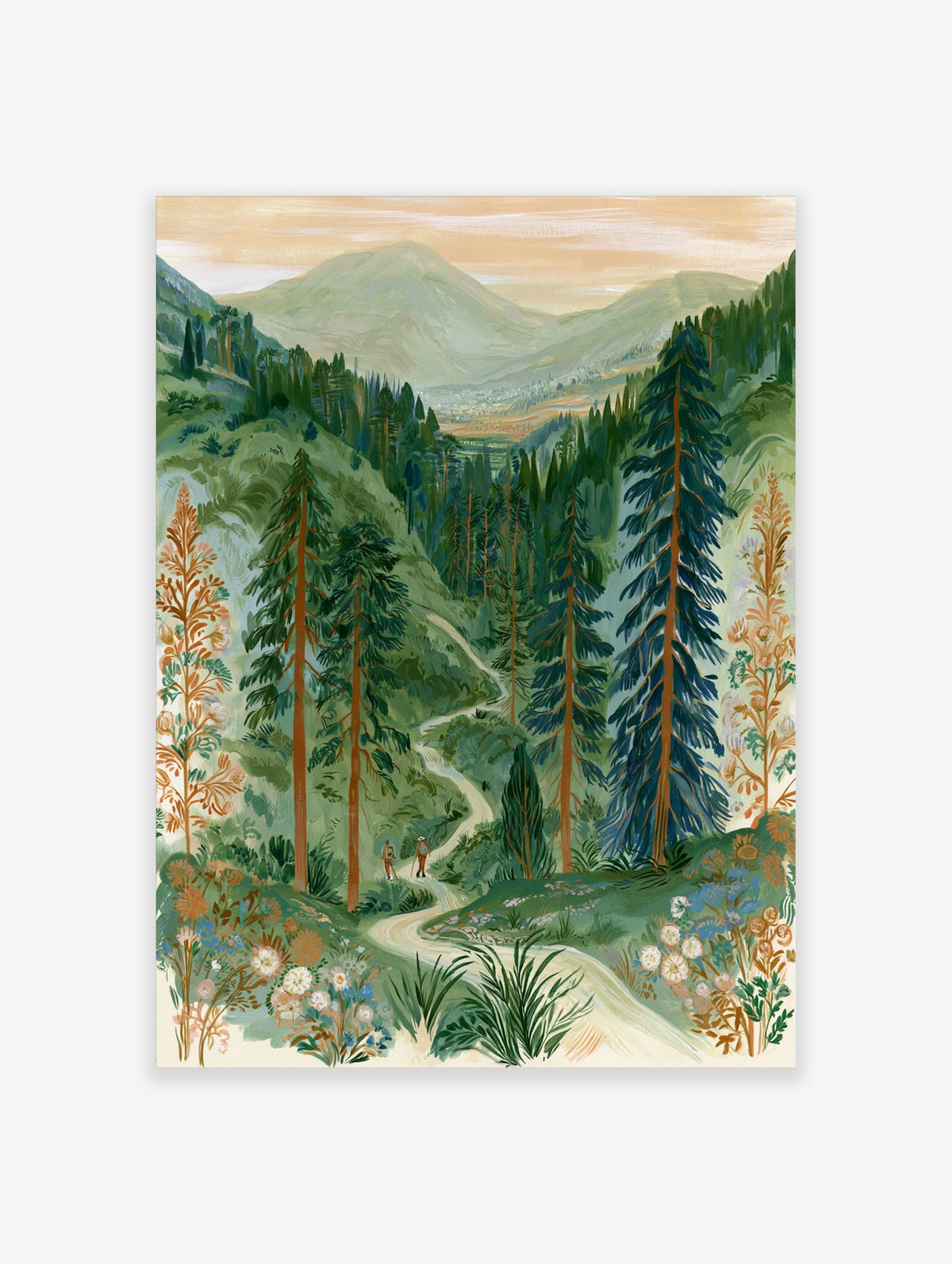 Illustration of two hikers on a winding path through a green mountain forest with wildflowers in the foreground