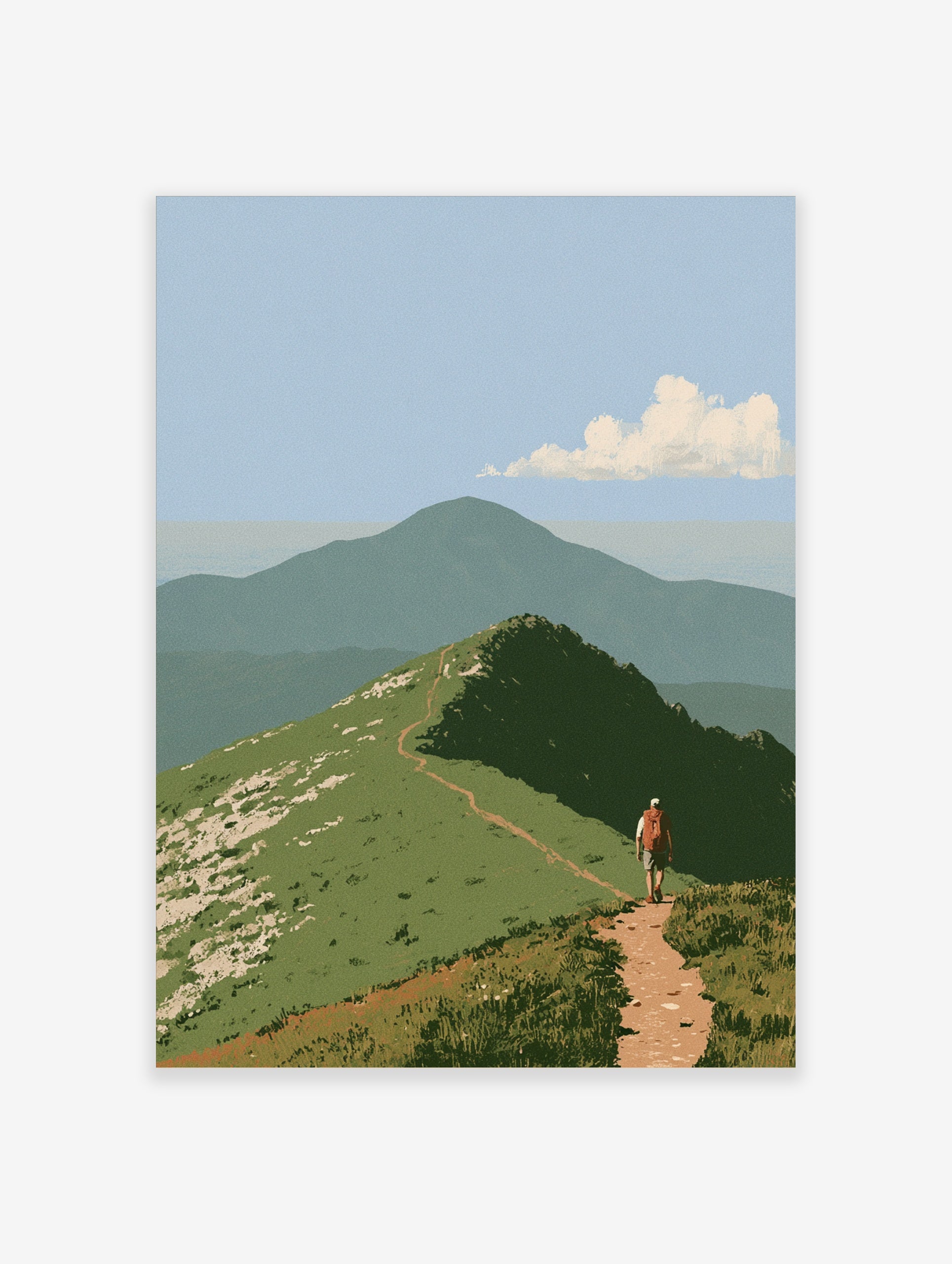 Illustrative mountain hiker wall art with a dirt trail on a grassy ridge and a distant peak under a blue sky