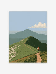 Illustrative mountain hiker wall art with a dirt trail on a grassy ridge and a distant peak under a blue sky