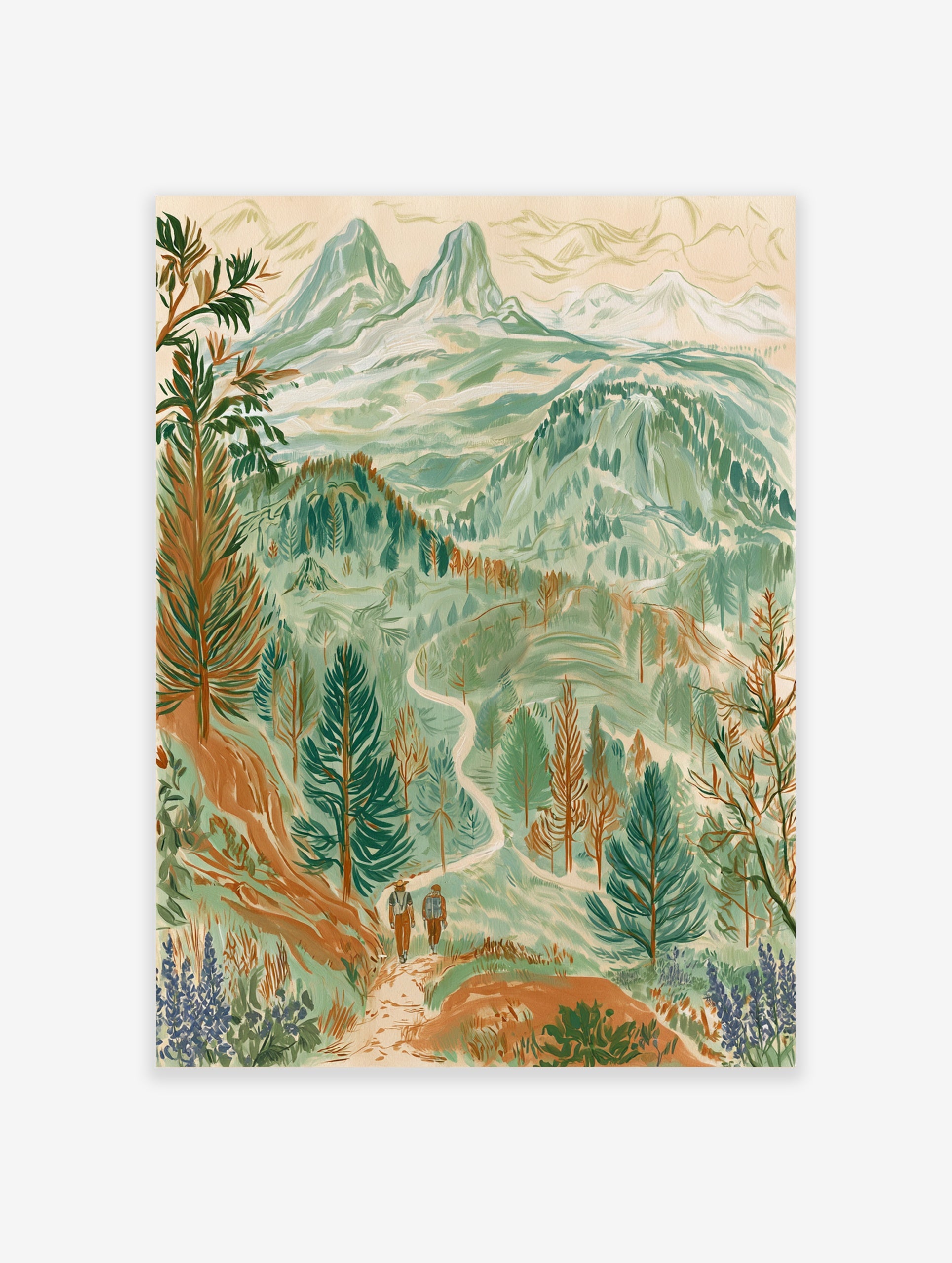 Illustrative mountain landscape wall art print featuring two hikers on a trail with pine trees and purple wildflowers
