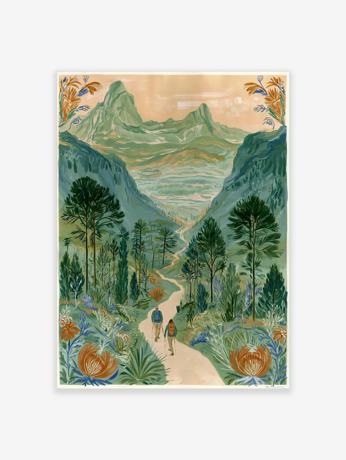 Illustrative mountain valley scene with two hikers on a path and large orange flowers in the foreground