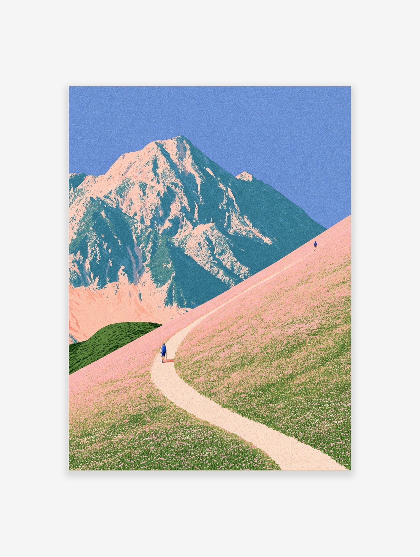 Illustrative mountain landscape print with hikers on a winding path through pink flower fields