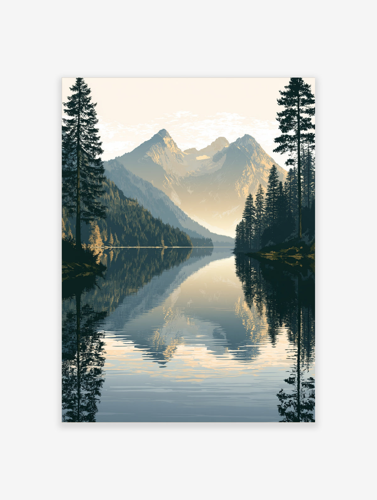 Mountain lake reflection poster with pine trees, golden peaks, and calm water in blue and beige tones