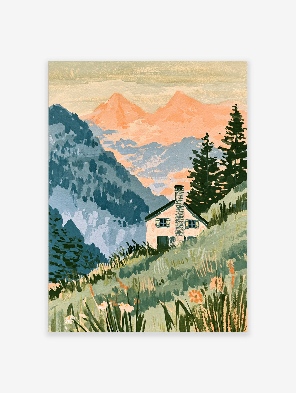 Mountain landscape poster with peach cabin, stone chimney, pine trees, and blue peaks