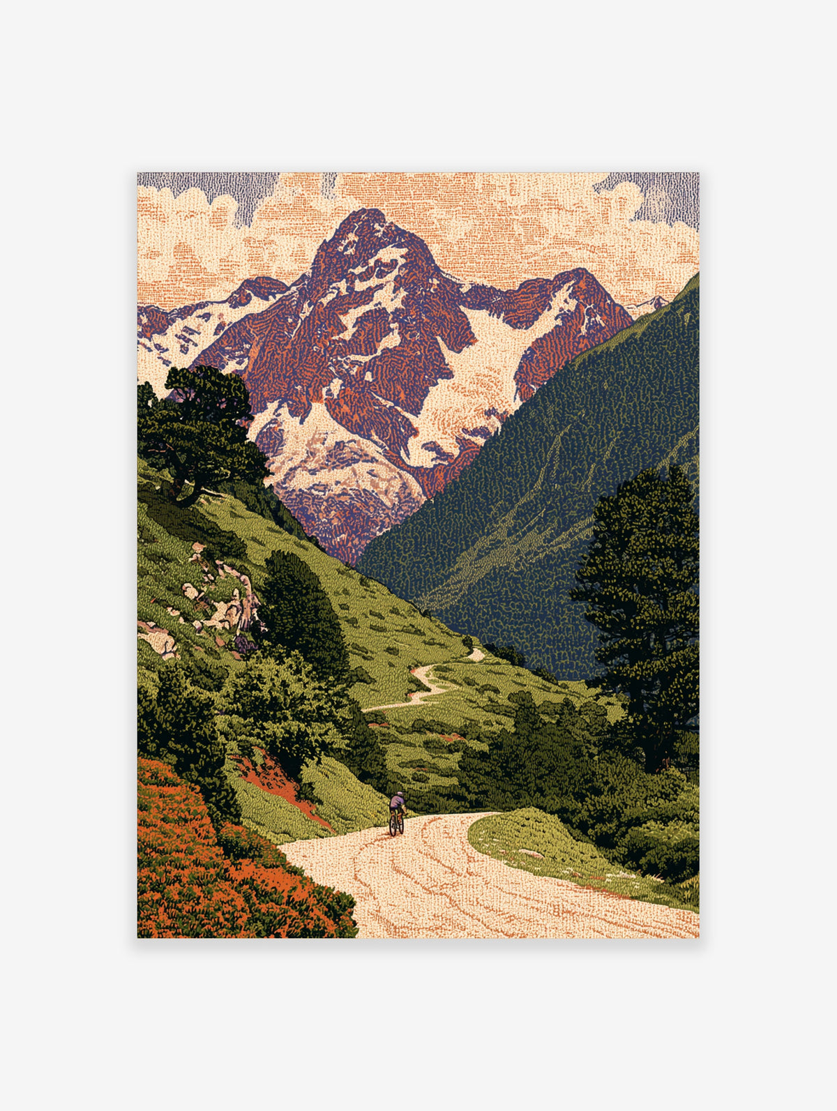 Mountain landscape poster with cyclist on winding path below rocky peak and green slopes