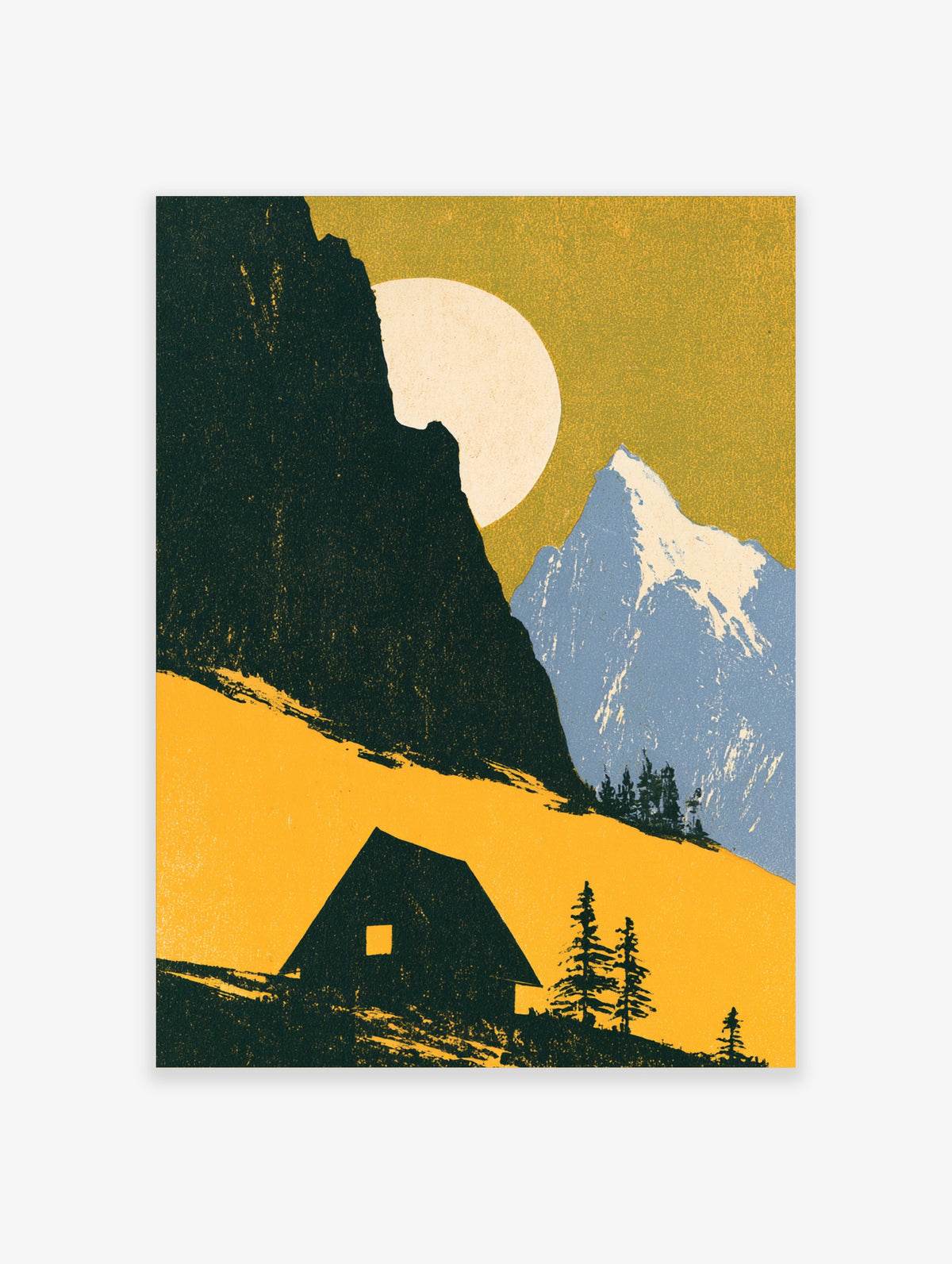 Mountain landscape poster with dark cabin, pine trees, pale sun, blue peak, and golden yellow sky