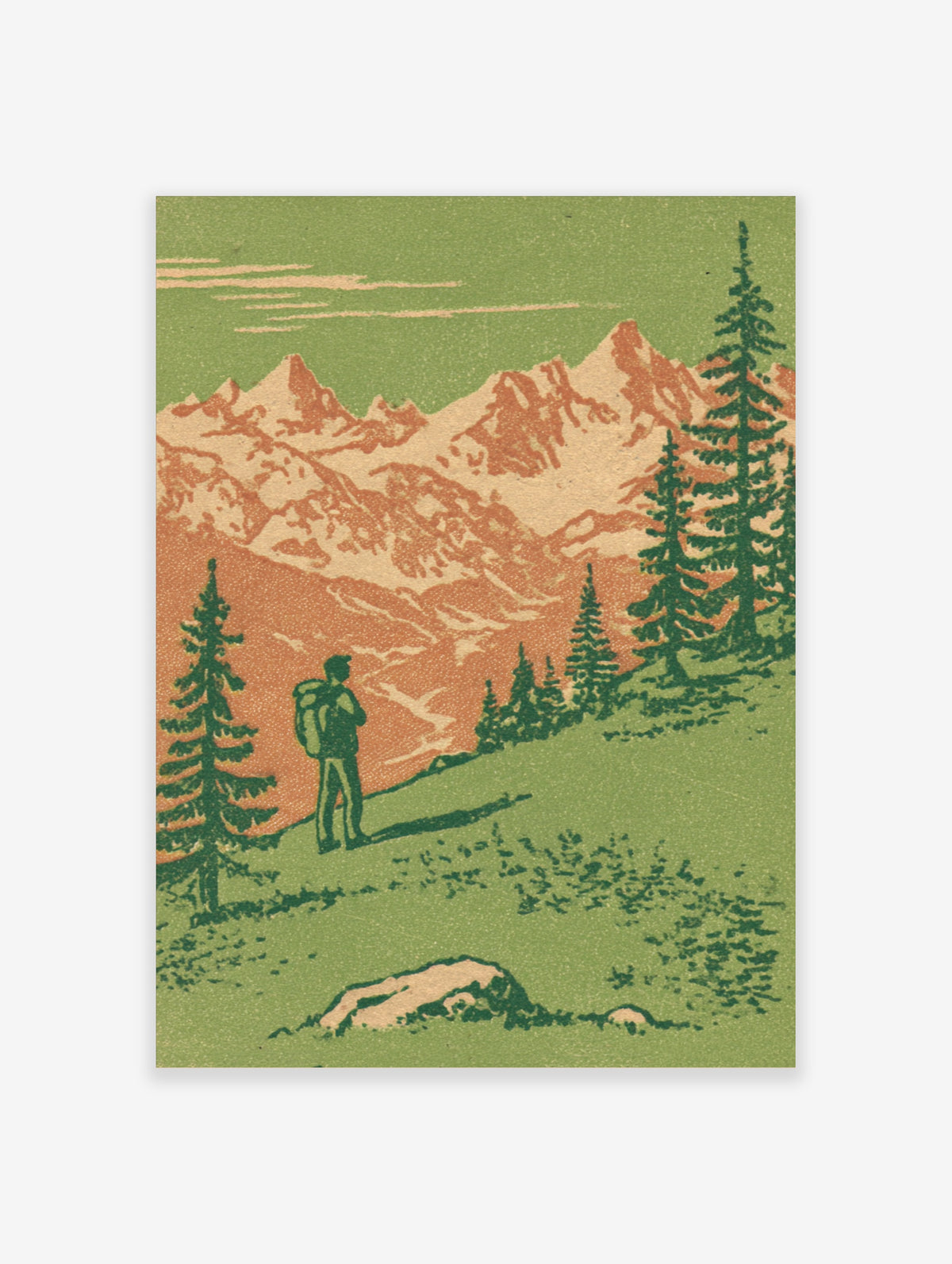 Mountain landscape poster with hiker, pine trees and snow-capped peaks in green and orange