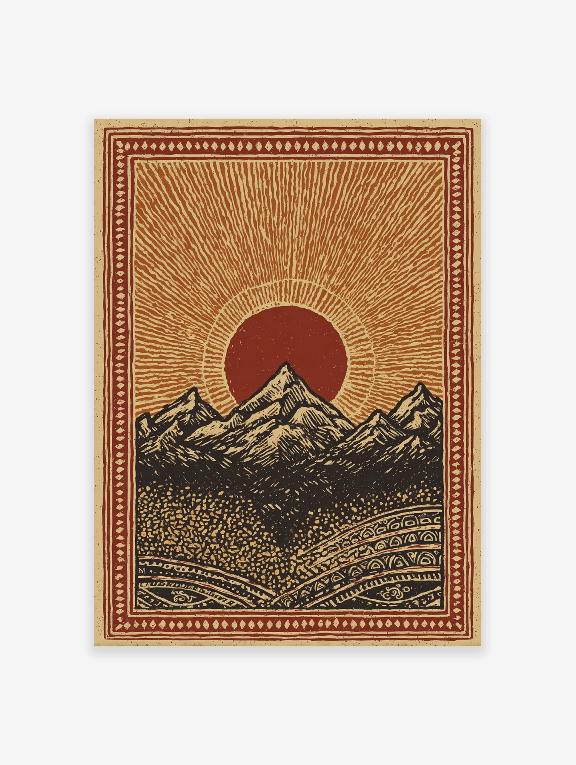 Mountain landscape poster featuring a bold red sun rising over dark peaks with intricate patterned borders.