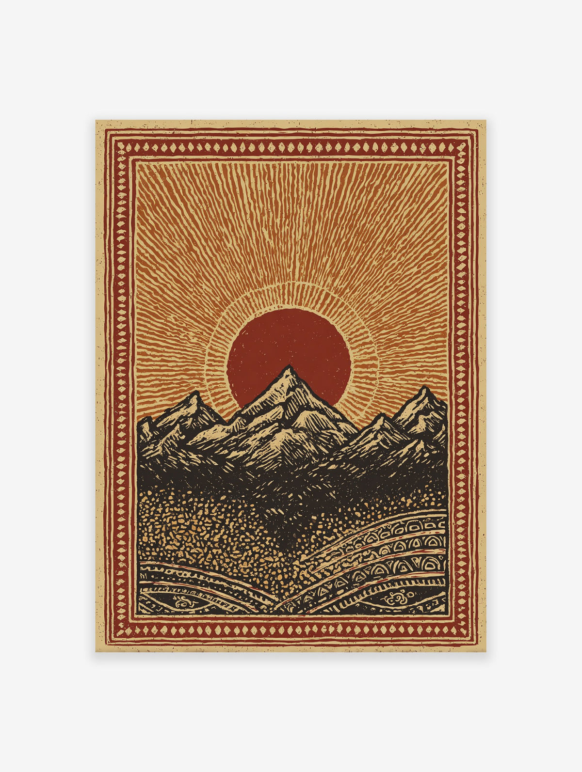 Mountain landscape poster featuring a bold red sun rising over dark peaks with intricate patterned borders.