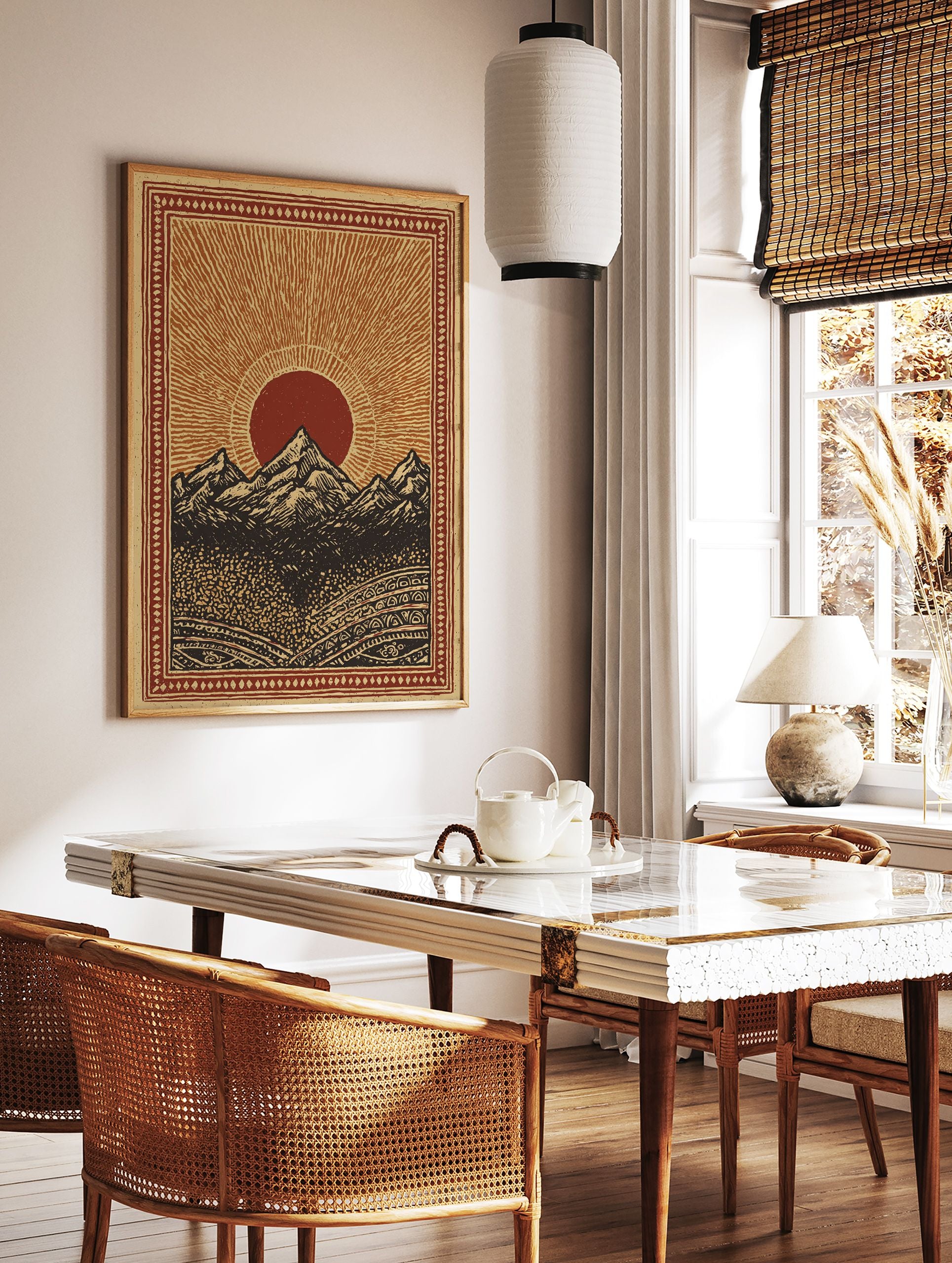 Mountain landscape poster featuring a bold red sun rising over dark peaks with intricate patterned borders. - Image 2