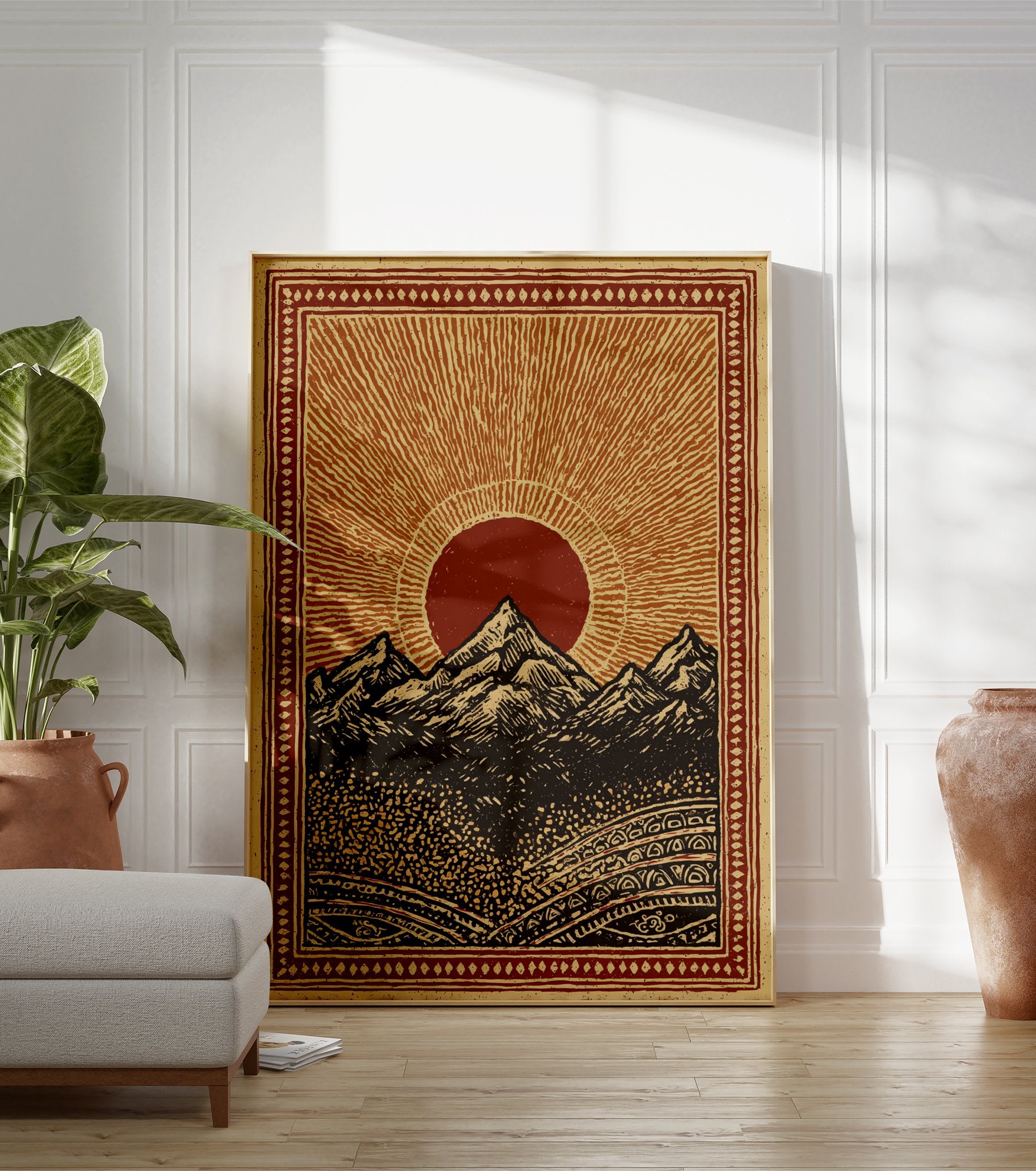 Mountain landscape poster featuring a bold red sun rising over dark peaks with intricate patterned borders. - Image 3