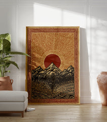 Mountain landscape poster featuring a bold red sun rising over dark peaks with intricate patterned borders. - Image 3