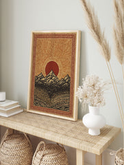 Mountain landscape poster featuring a bold red sun rising over dark peaks with intricate patterned borders. - Image 4