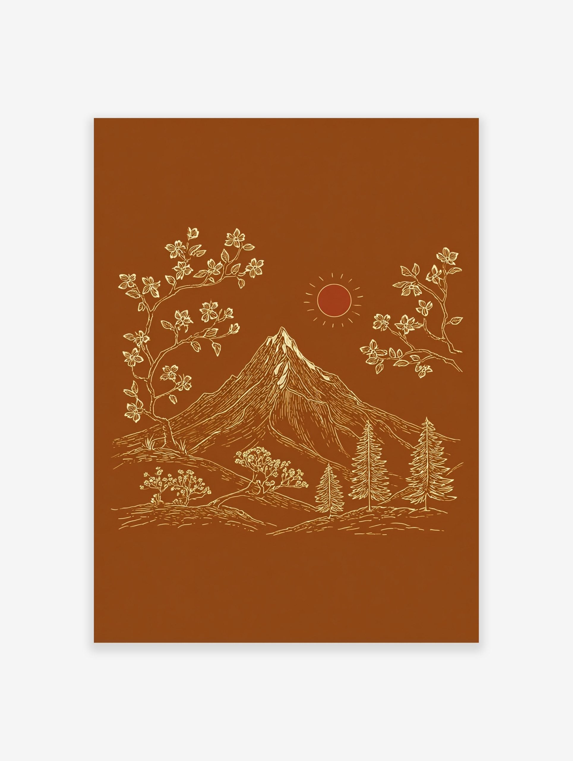 Illustrative mountain landscape art print with snow-capped peak, flowering trees, pine trees, and sun on brown background