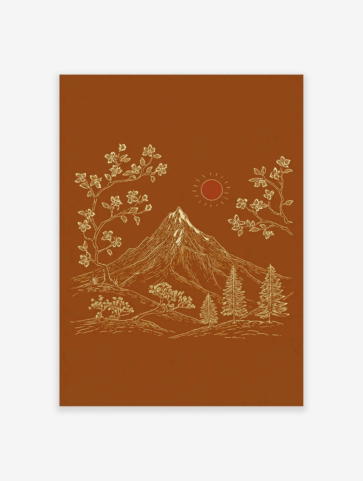 Illustrative mountain landscape art print with snow-capped peak, flowering trees, pine trees, and sun on brown background