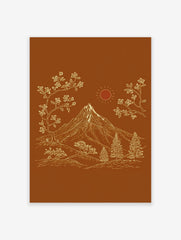 Illustrative mountain landscape art print with snow-capped peak, flowering trees, pine trees, and sun on brown background