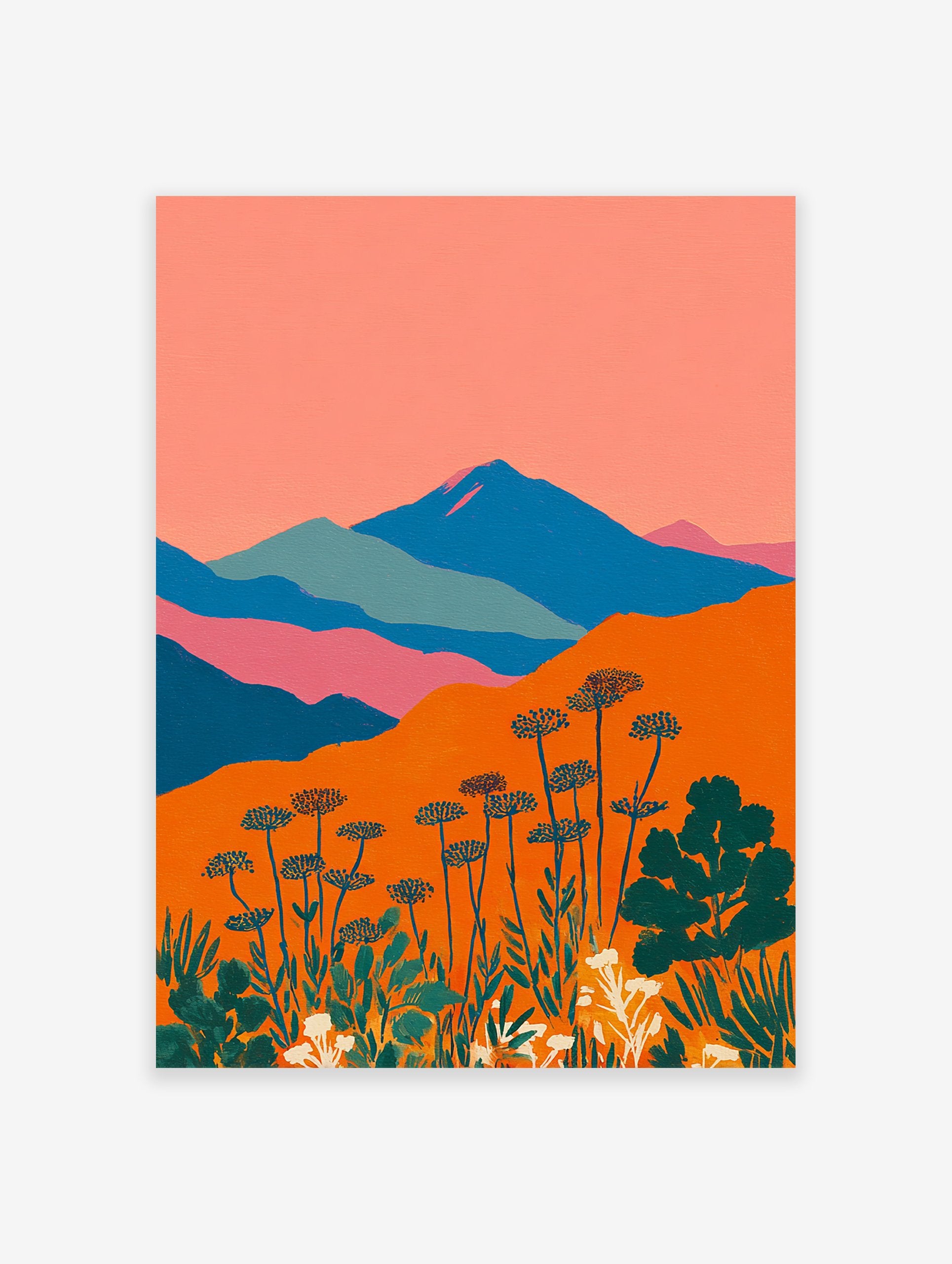 Vibrant abstract mountain landscape wall art with orange foreground, blue mountains, and stylized botanical plants.