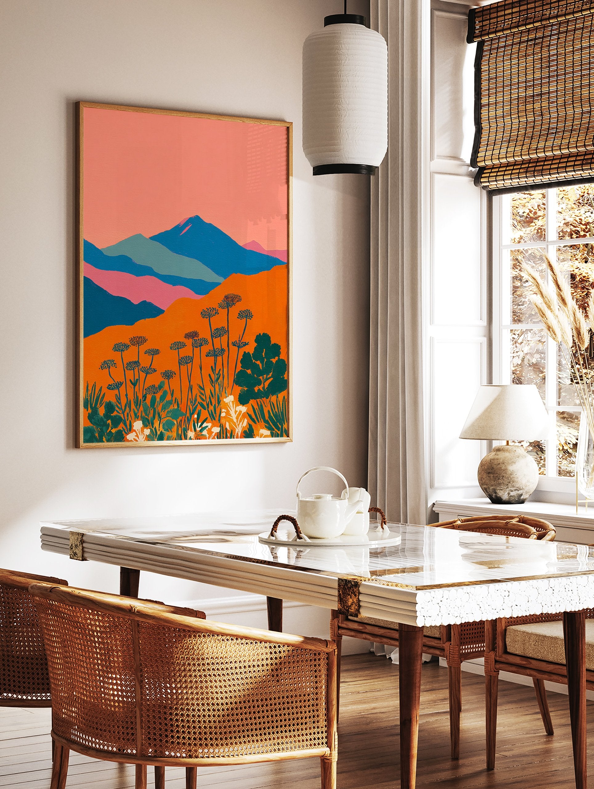 Vibrant abstract mountain landscape wall art with orange foreground, blue mountains, and stylized botanical plants. - Image 2
