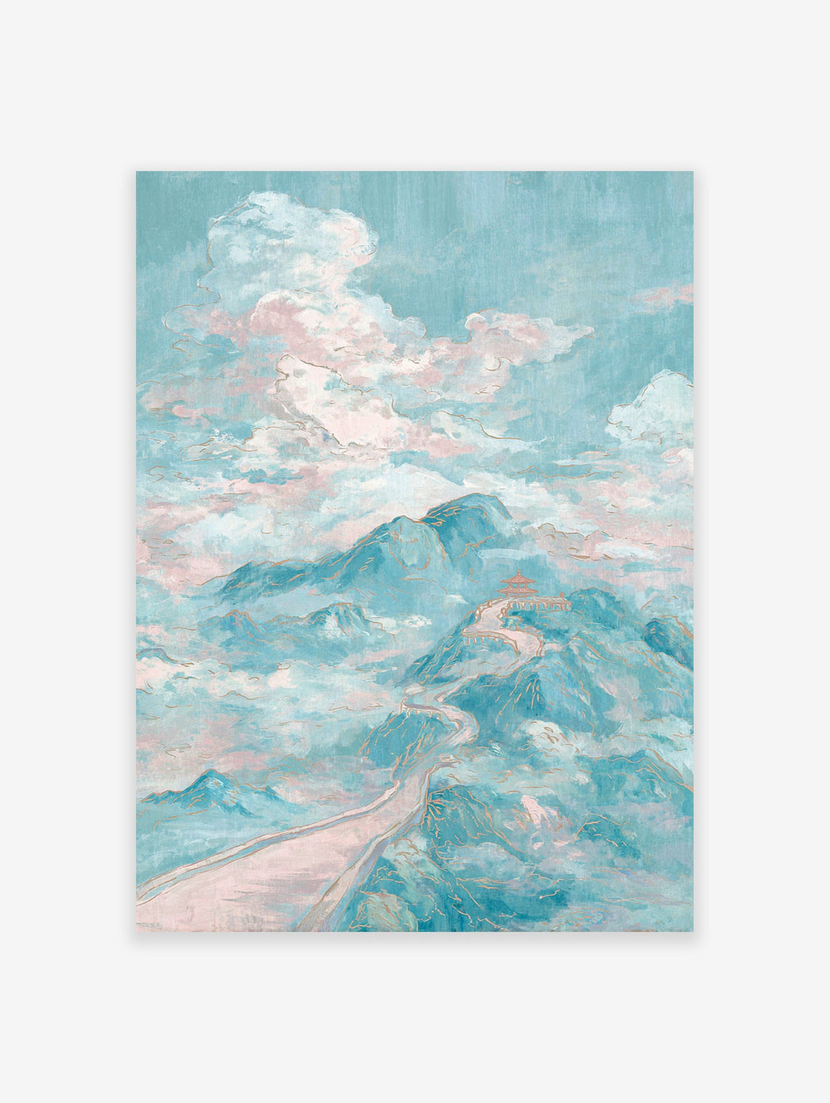 Dreamy teal and pink Mountain Landscape Wall Art with gold outlines, featuring a pagoda on a winding path through clouds.