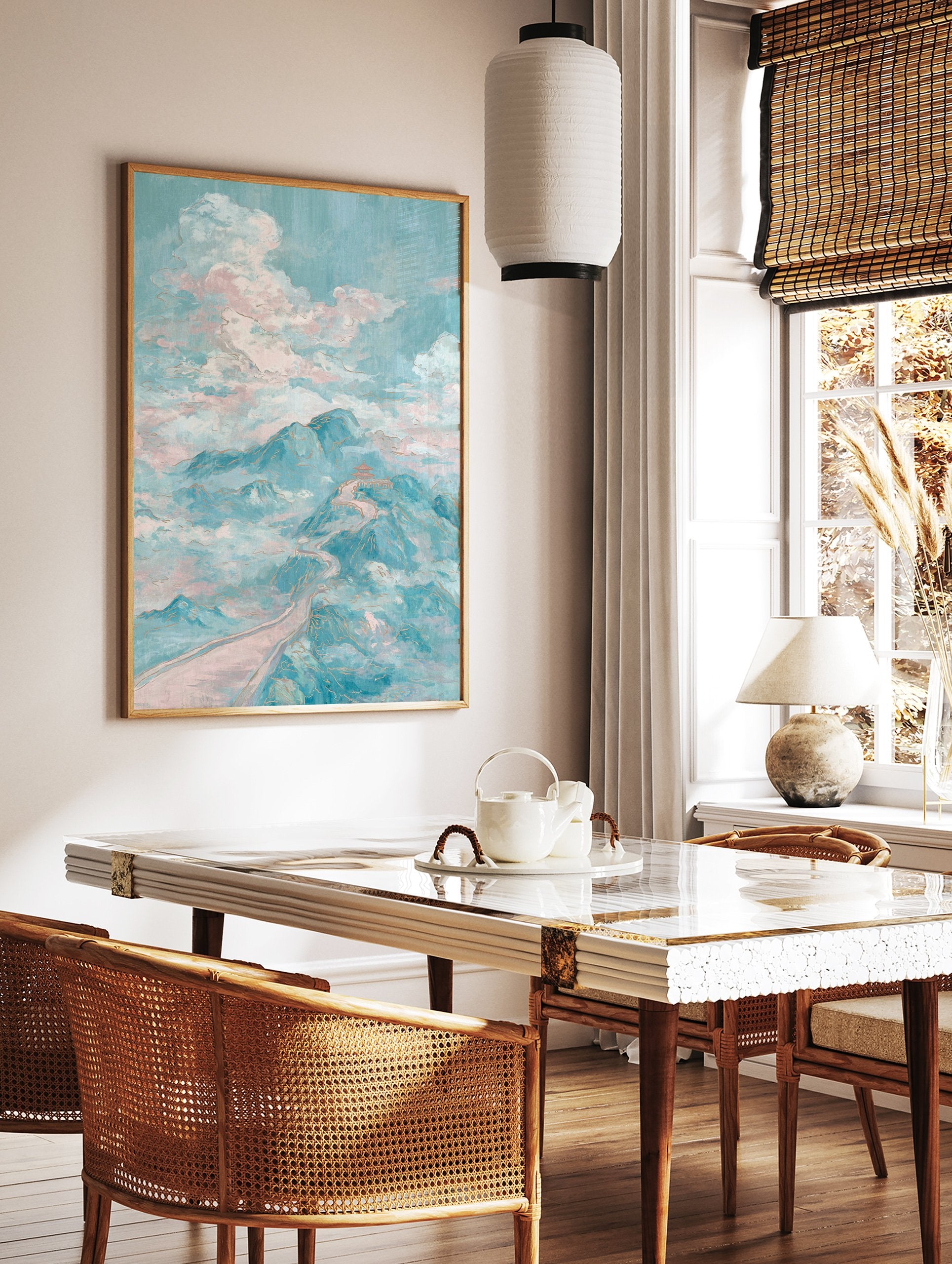 Dreamy teal and pink Mountain Landscape Wall Art with gold outlines, featuring a pagoda on a winding path through clouds. - Image 2