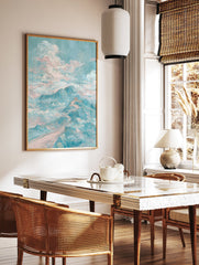 Dreamy teal and pink Mountain Landscape Wall Art with gold outlines, featuring a pagoda on a winding path through clouds. - Image 2