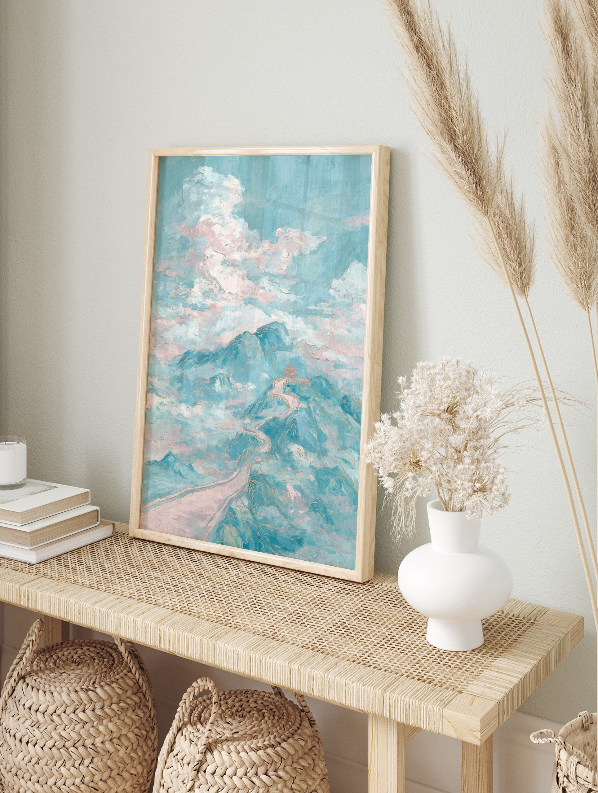 Dreamy teal and pink Mountain Landscape Wall Art with gold outlines, featuring a pagoda on a winding path through clouds. - Image 3