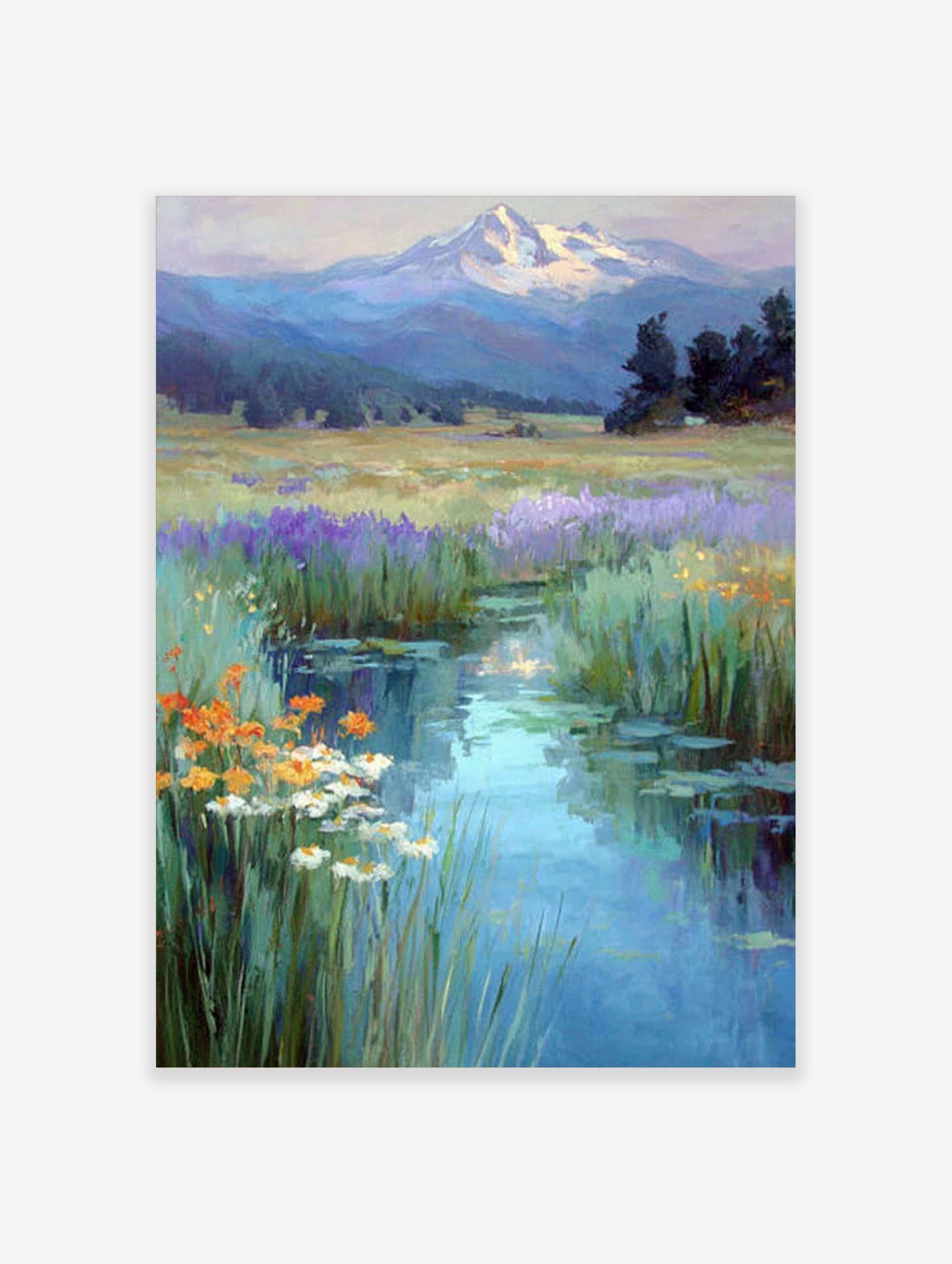 Impressionistic painting of a winding stream through a wildflower meadow towards a snow-capped mountain