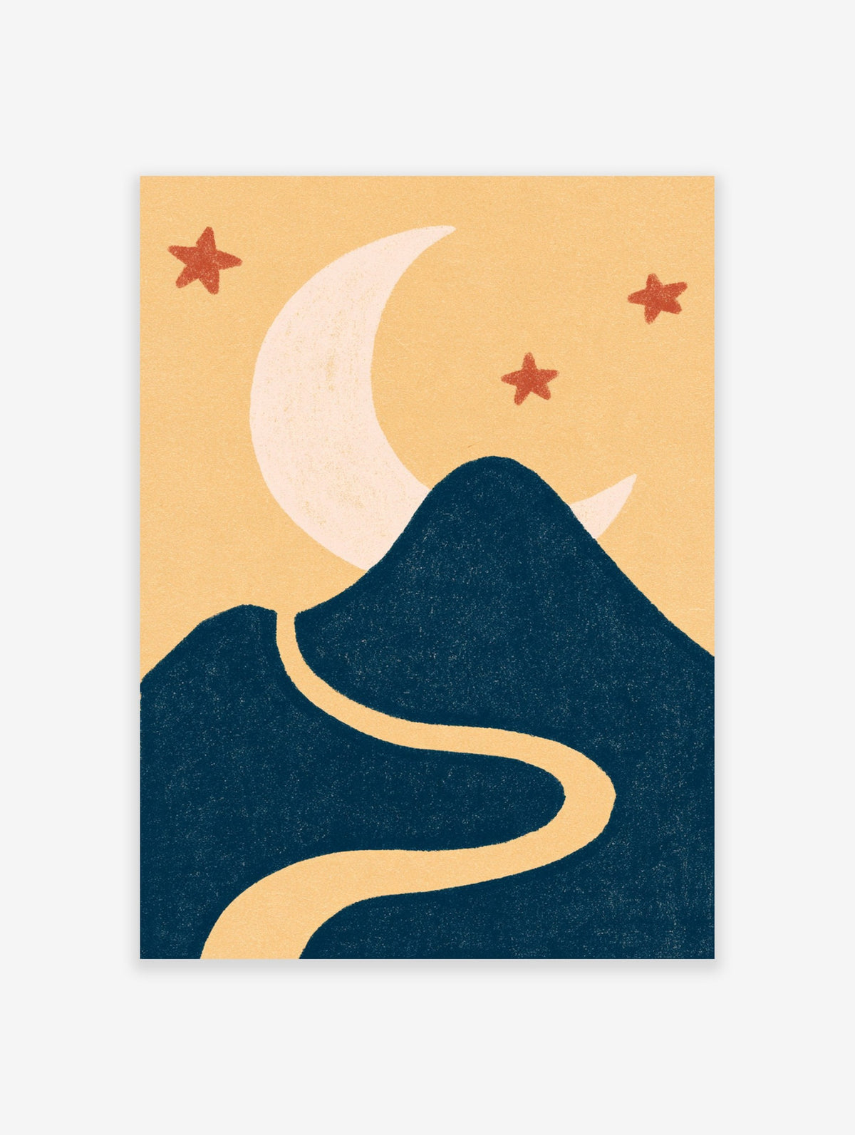 Minimalist mountain landscape art print featuring a dark blue peak, a large crescent moon, and three stars on a yellow sky