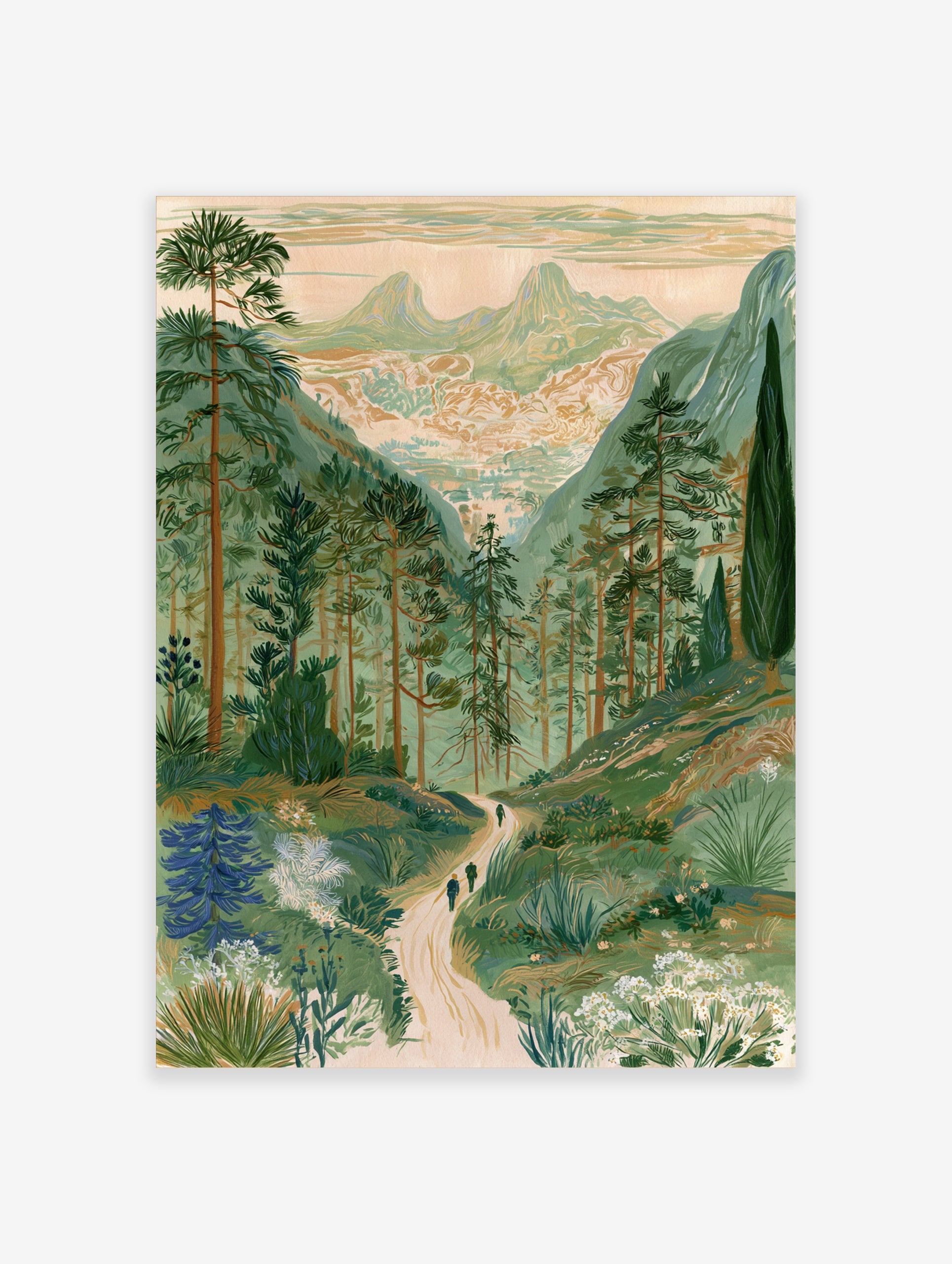 Illustrative mountain valley landscape print with pine trees, a winding path, and twin peaks in a soft, muted palette