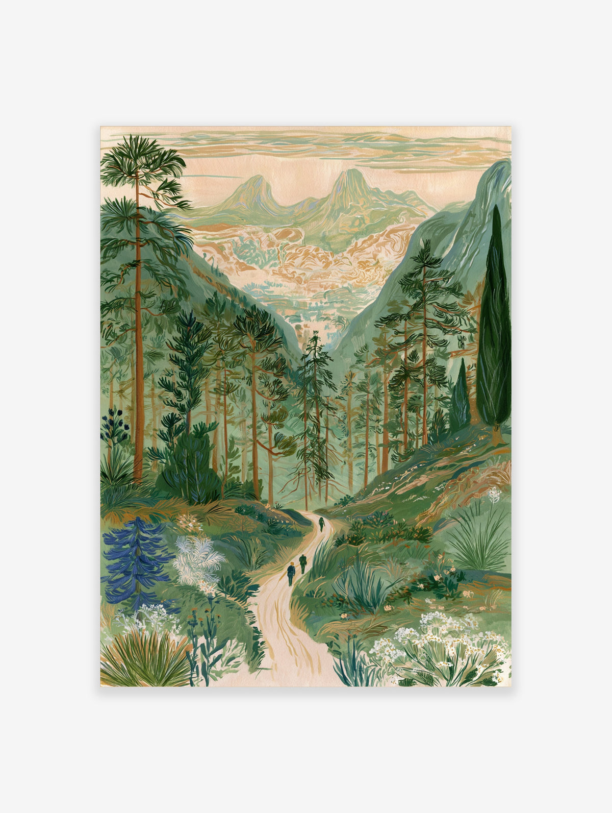Illustrative mountain valley landscape print with pine trees, a winding path, and twin peaks in a soft, muted palette