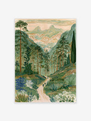 Illustrative mountain valley landscape print with pine trees, a winding path, and twin peaks in a soft, muted palette