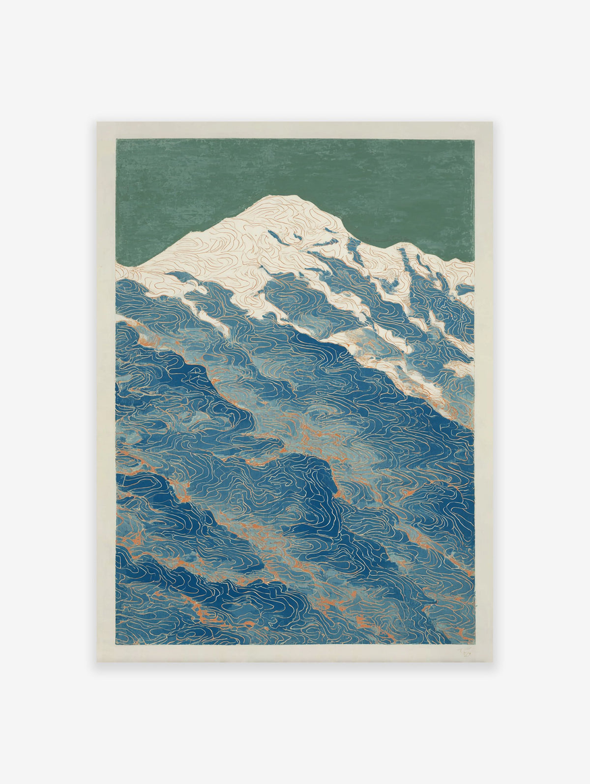 Stylized mountain poster with white snow, blue water, green sky, and orange contour lines, depicting a serene nature landscape.