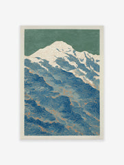 Stylized mountain poster with white snow, blue water, green sky, and orange contour lines, depicting a serene nature landscape.