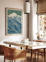 Stylized mountain poster with white snow, blue water, green sky, and orange contour lines, depicting a serene nature landscape. - Image 2