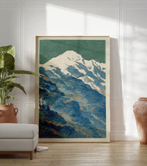 Stylized mountain poster with white snow, blue water, green sky, and orange contour lines, depicting a serene nature landscape. - Image 3