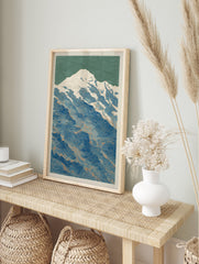 Stylized mountain poster with white snow, blue water, green sky, and orange contour lines, depicting a serene nature landscape. - Image 4